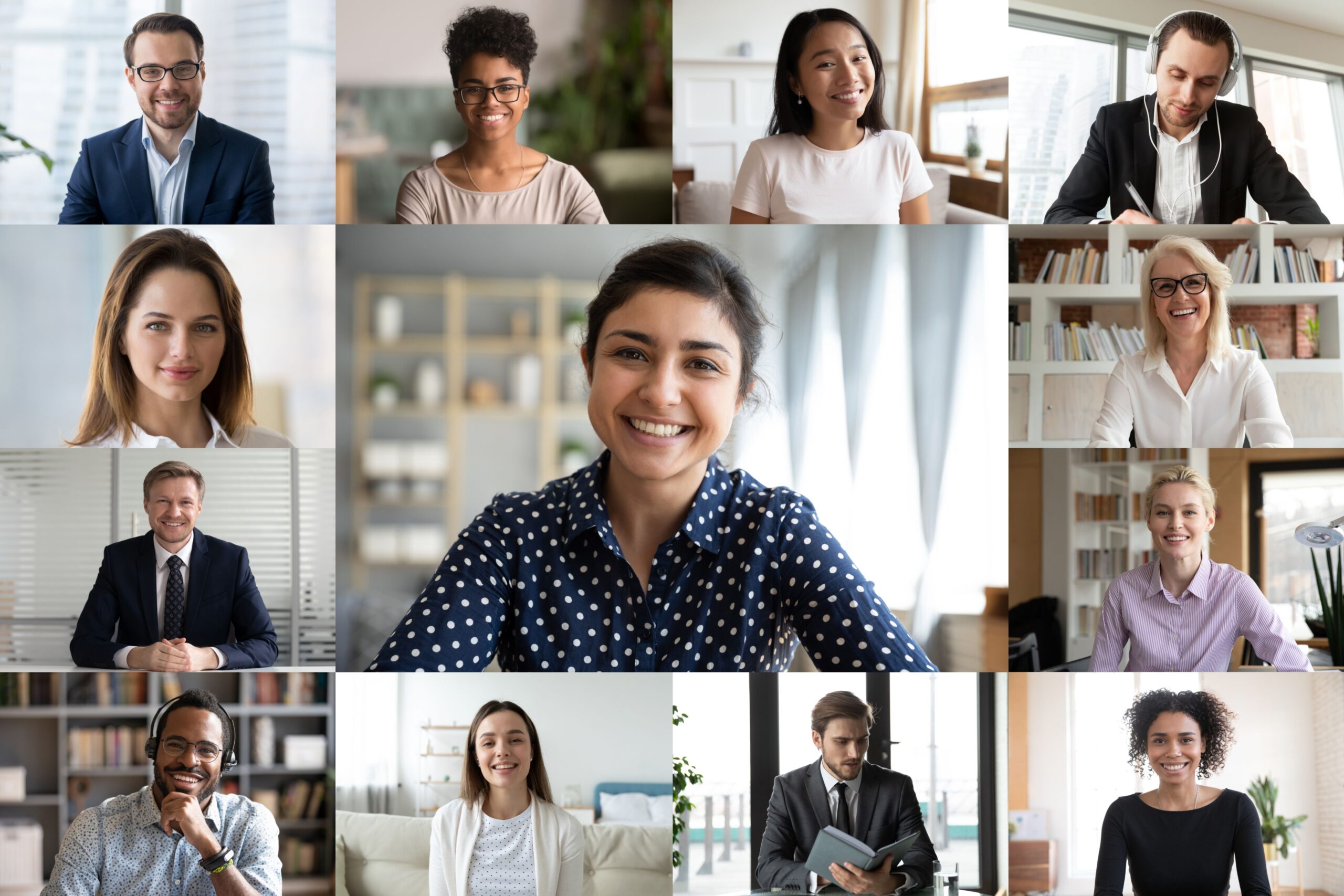 Collage of diverse professionals smiling, showcasing various work environments, conveying a positive, collaborative atmosphere in the workplace.