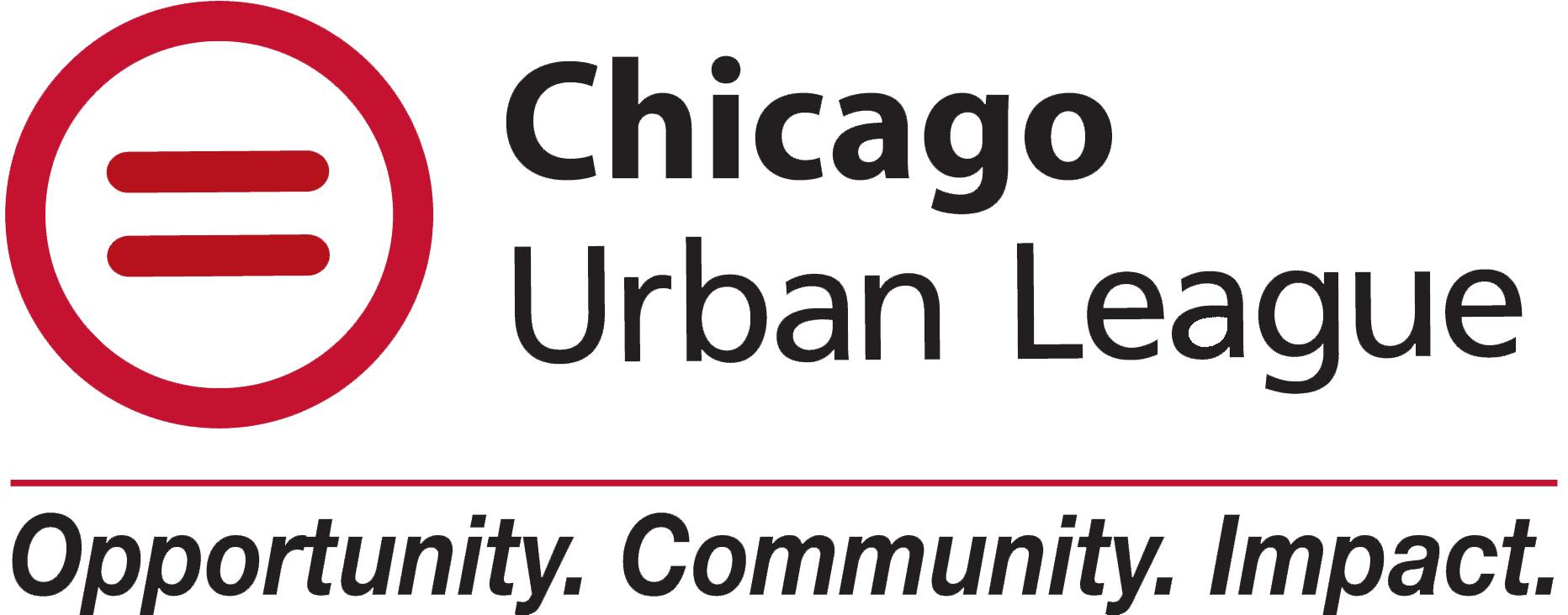 Chicago Urban League logo featuring a red circle with equal sign, symbolizing equality, alongside the text "Opportunity. Community. Impact."